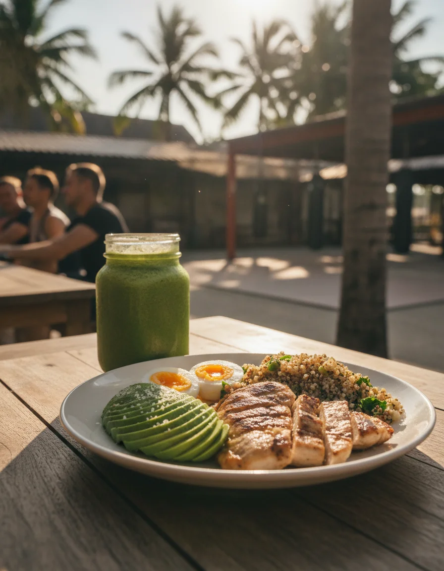 A local cafe scene near Tiger Muay Thai on Soi Ta-iad — showing outdoor wooden tables, green smoothies, and healthy high-protein meal plates