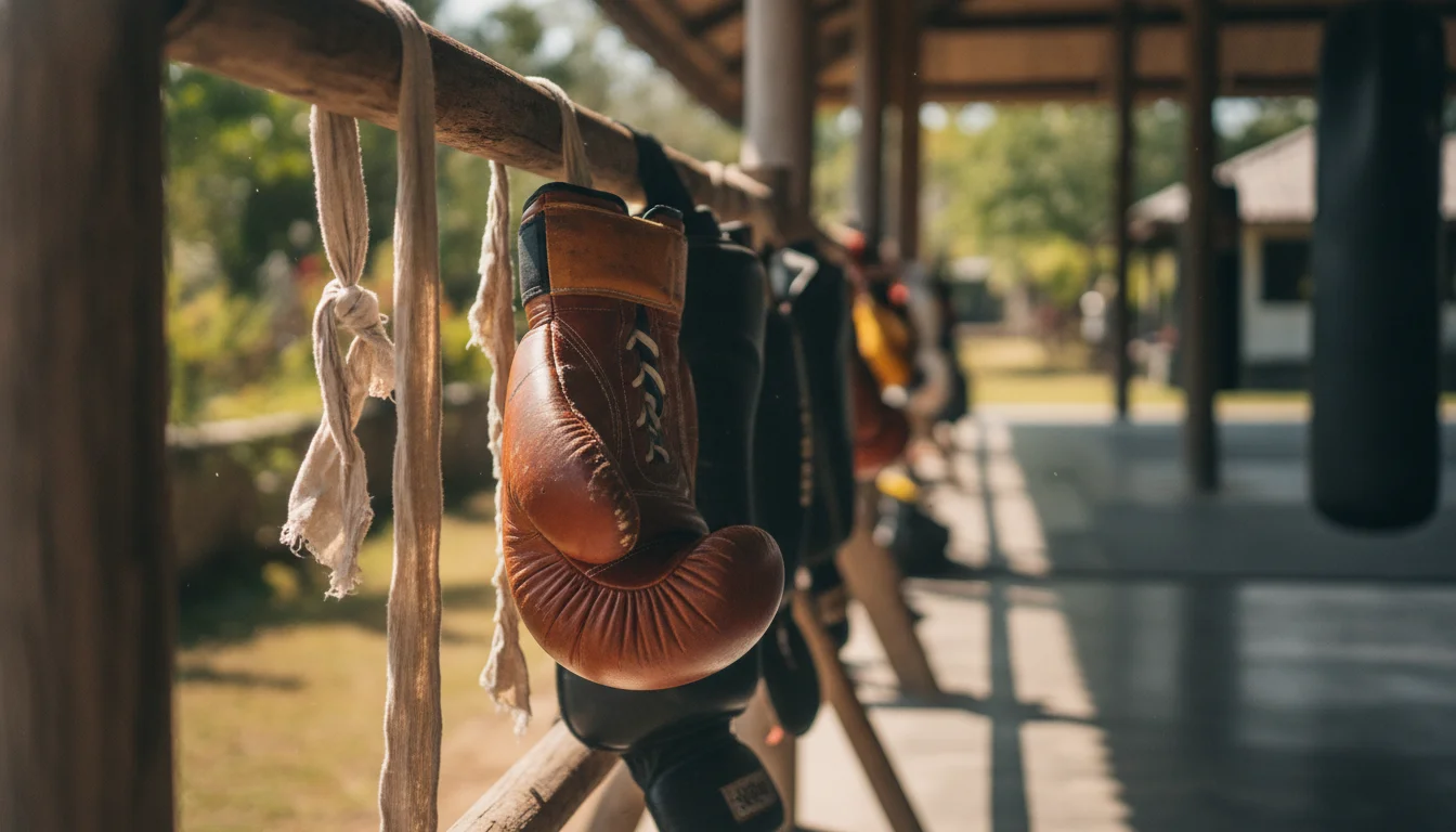 Detail shot of training gear drying in the sun at Tiger Muay Thai — showing leather boxing gloves, shin guards, and hand wraps draped over a wooden rack near a training pavilion