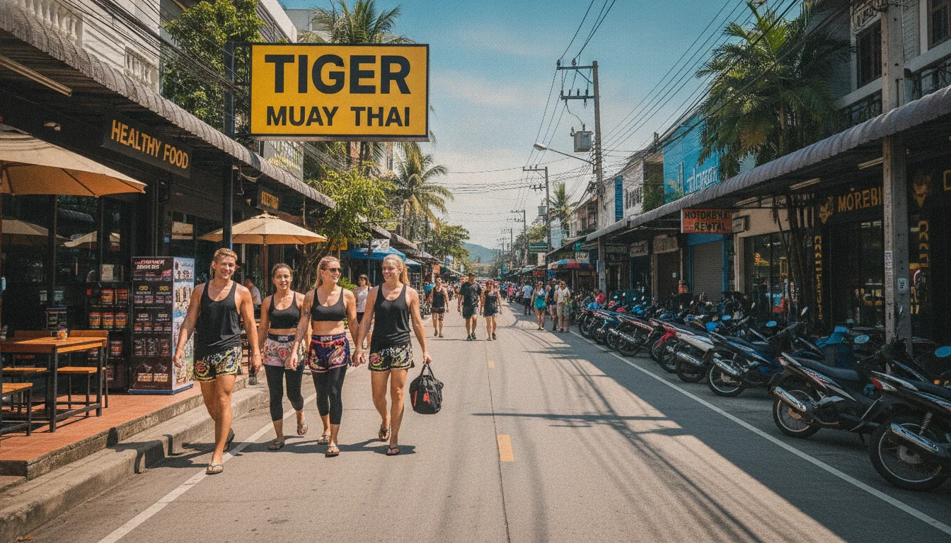 The street approach to Tiger Muay Thai on Soi Ta-iad — showing a narrow asphalt road lined with healthy food cafes, supplement shops, motorbike rentals, and the giant yellow sign of the camp