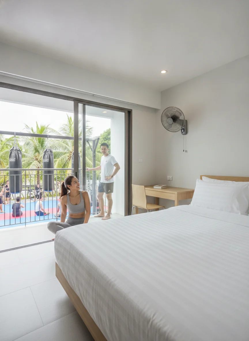 Atmospheric shot of the modern superior rooms at Tiger Muay Thai — displaying clean white bedding, light wood furniture, a private balcony overlooking the training area, and a wall-mounted fan