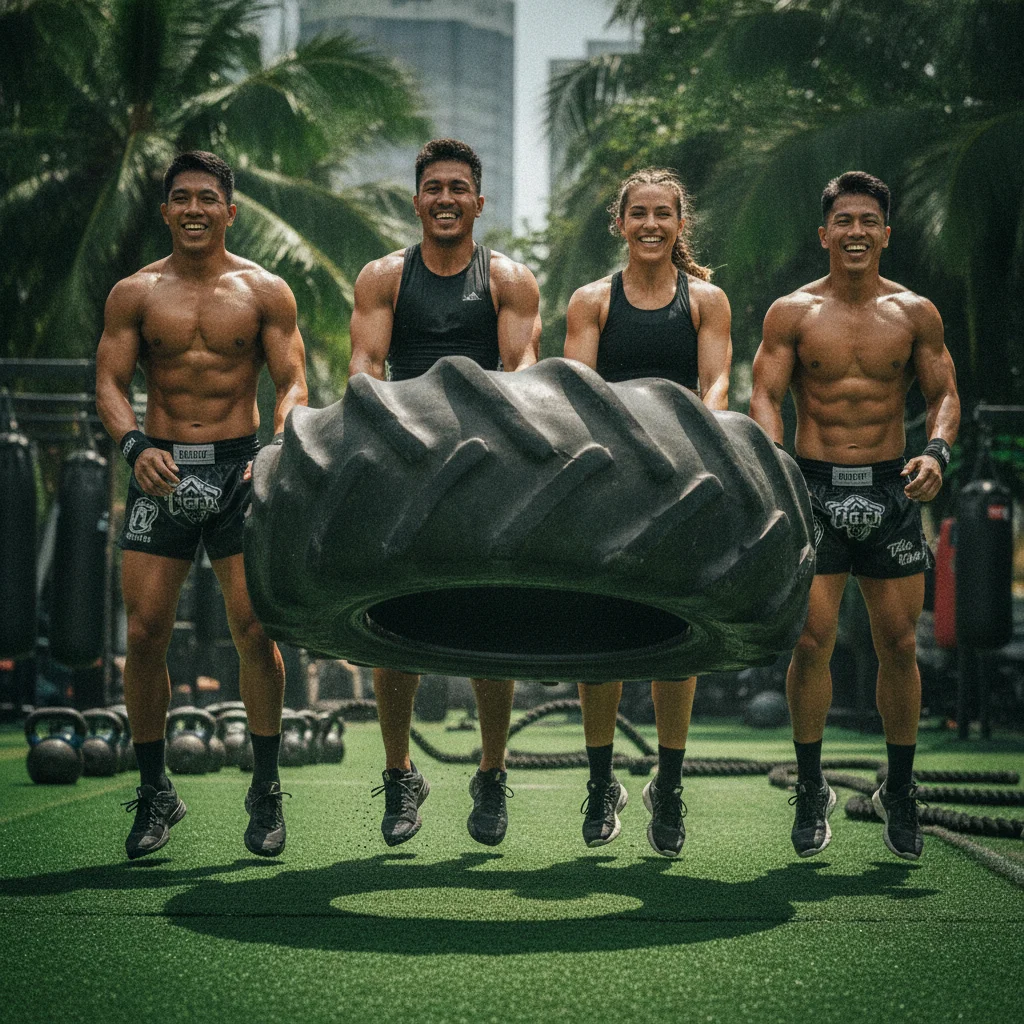 An experiential shot of a BodyFit class at Tiger Muay Thai — showing participants flipping heavy tractor tyres on an outdoor artificial turf lane, surrounded by kettlebells and battle ropes