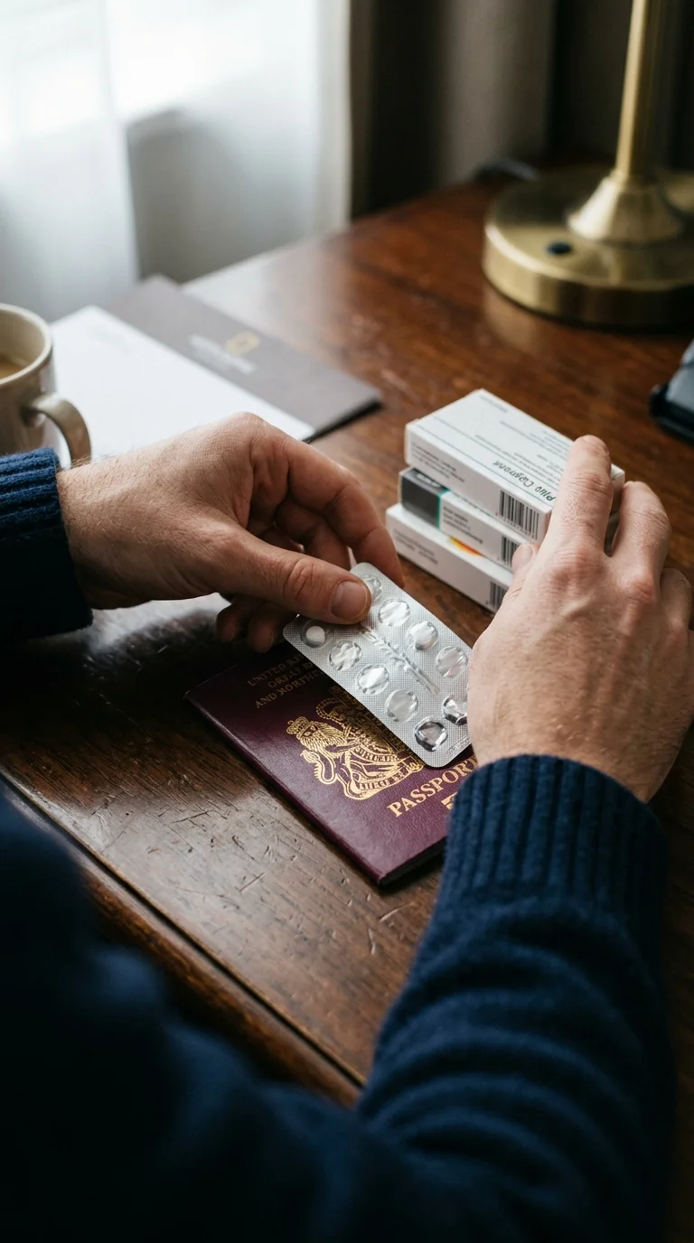 traveller's hands with passport and medication traveller's hands with passport and medication
