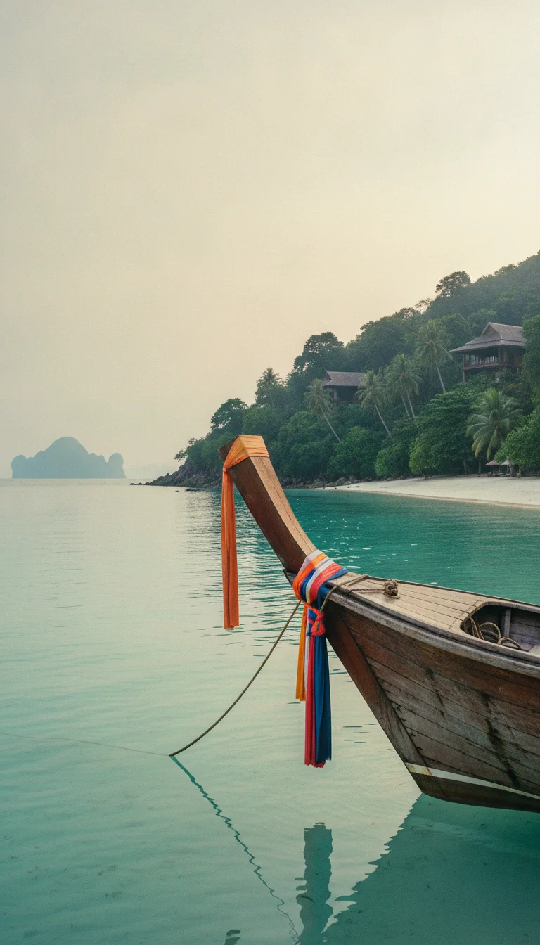 a practical or atmospheric scene at or near Trisara — describe what is visible including a small wooden Thai longtail boat anchored off the resort's private beach cove under a soft morning sky