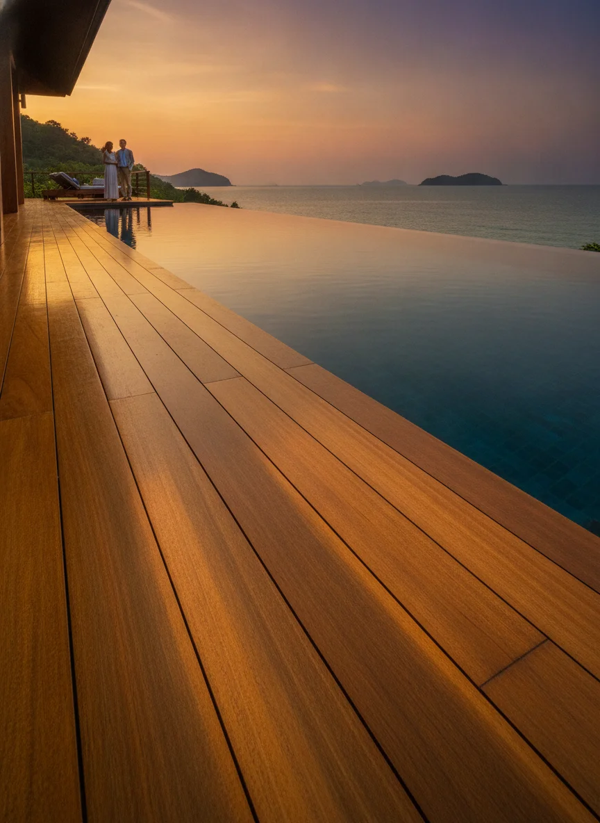 a detail shot of a standout feature, room, facility, or experience at Trisara — describe what is visible including the polished teak wood deck of an Ocean Front Villa, looking past a perfectly still glass-like pool to the ocean beyond at sunset