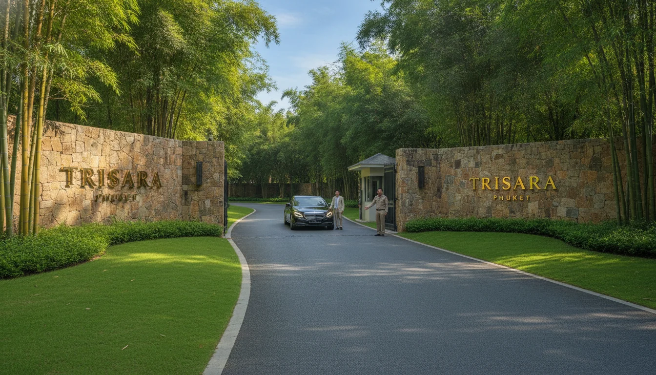 the approach, entrance, or surrounding area of Trisara — describe what is visible including the winding private tarmac road flanked by manicured green verges, towering bamboo stands, and a secure gated entrance with stone walls and traditional brass signage