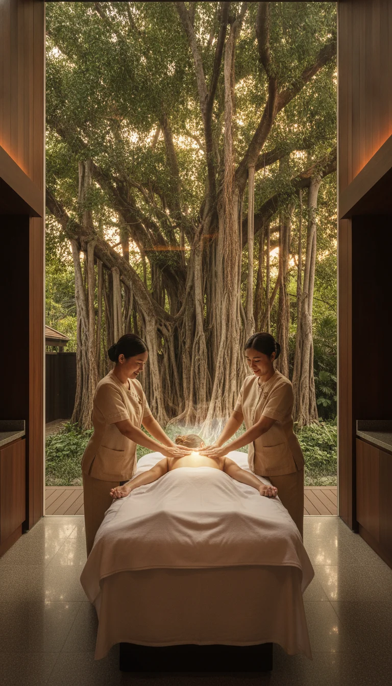 atmospheric shot showing the best feature or experience at Trisara — describe exactly what is visible including a serene treatment room at Jara Spa, a massive century-old spiritual banyan tree visible through a glass wall, soft warm lighting, and two therapists synchronously performing a treatment on a guest