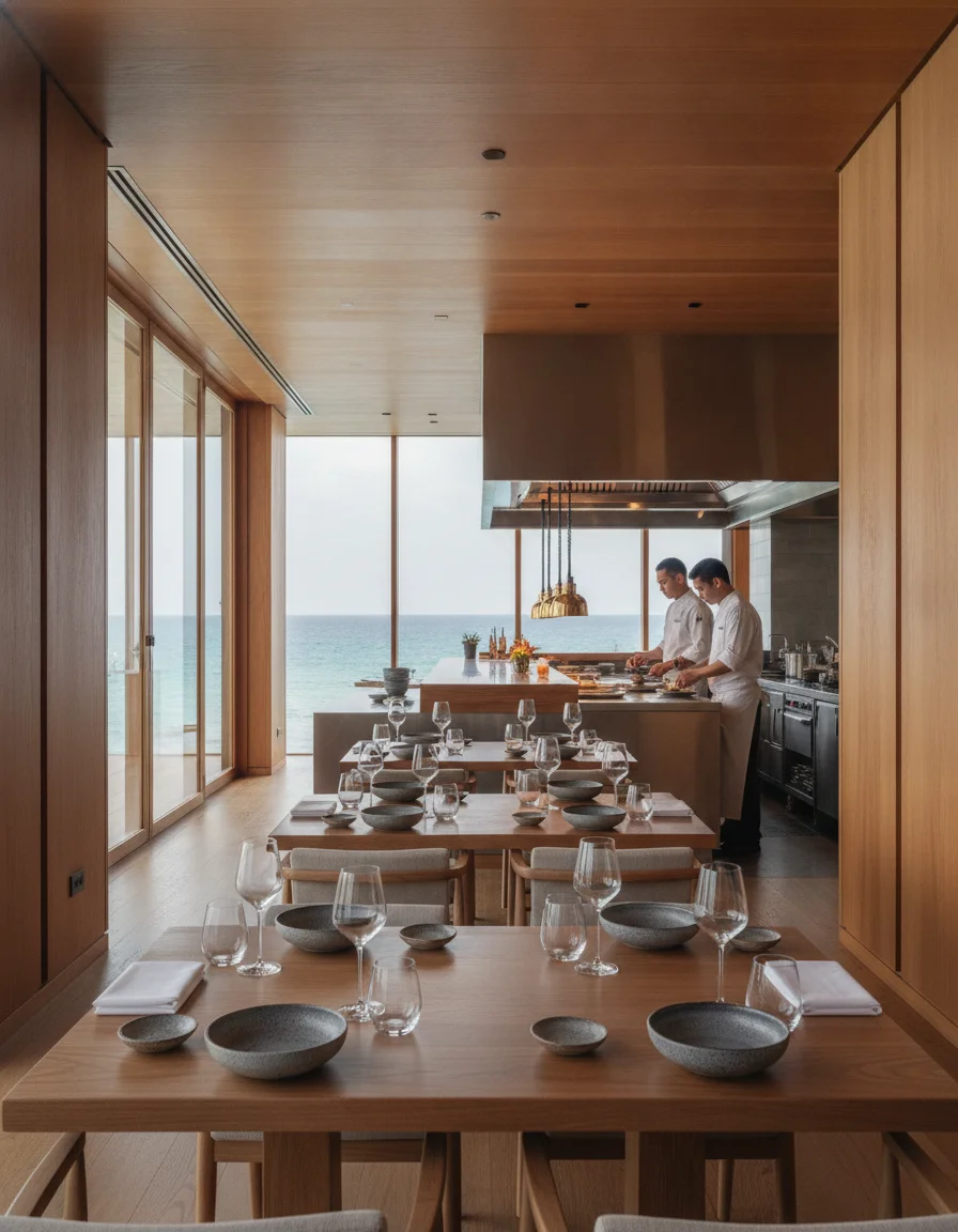an interior or experiential shot showing the reality of this section's subject at Trisara — describe exactly what is visible including the intimate wood-panelled dining room of Pru, minimalist tables set with handmade ceramic tableware, open kitchen in the background with chefs preparing delicate plates, and floor-to-ceiling windows looking out towards the sea