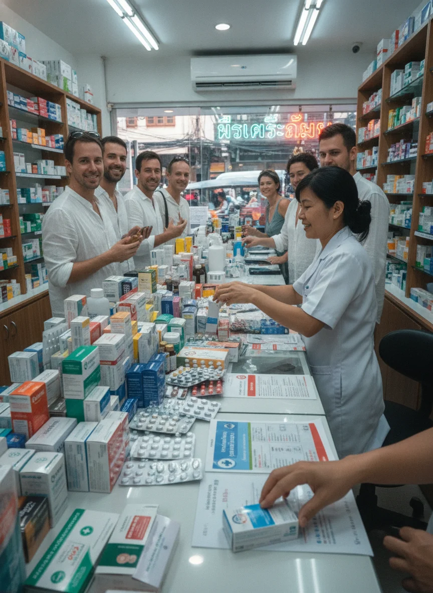 Pharmacy counter in a Bangkok tourist district