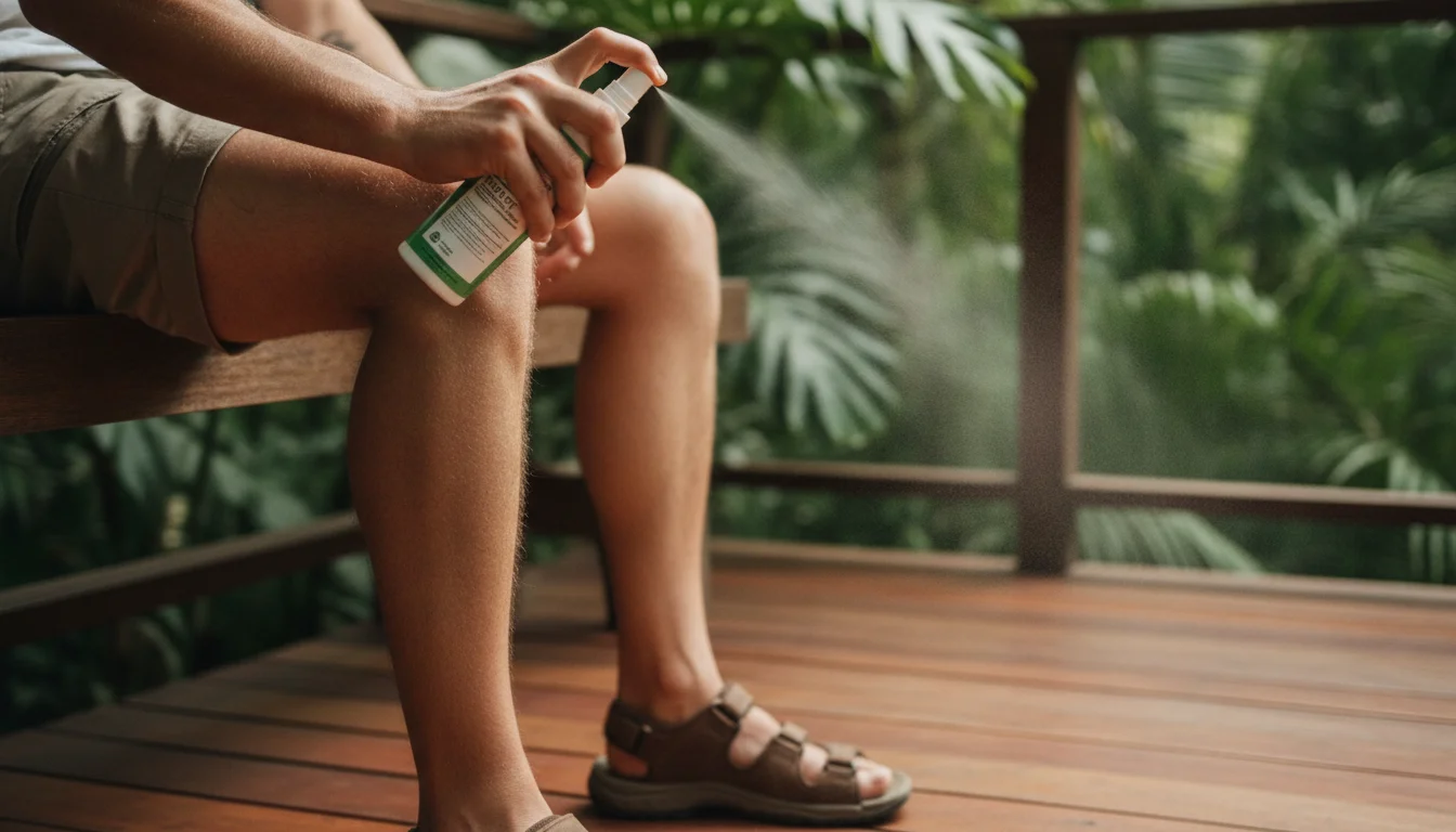 traveller applying insect repellent