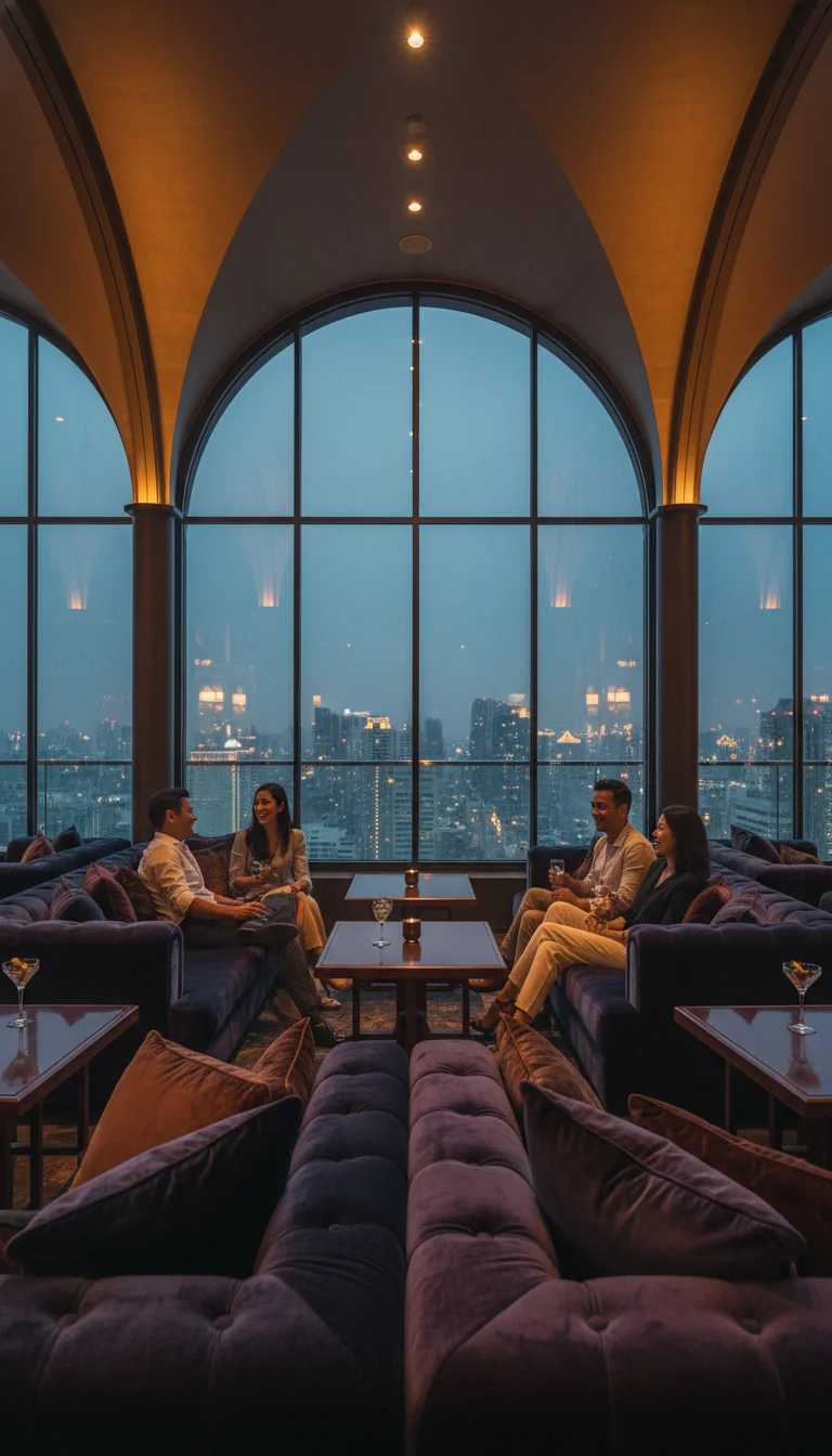 a practical or atmospheric scene at or near Vertigo Moon Bar Bangkok — showing the indoor Vertigo Too lounge on the 60th floor, showcasing its stylish arched windows and plush seating as a backup option during wet weather