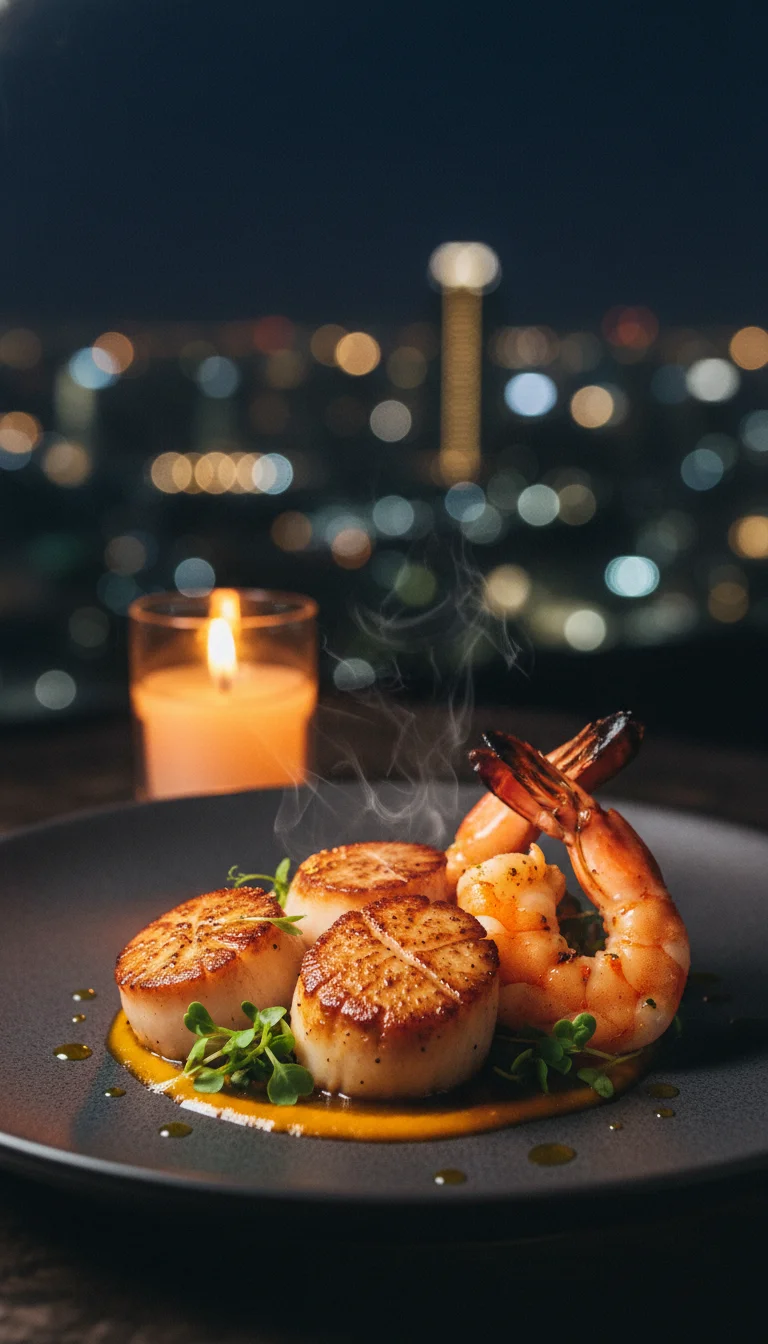 a detail shot of a standout feature, room, facility, or experience at Vertigo Moon Bar Bangkok — showing a beautifully plated seafood dish at Vertigo restaurant, illuminated by a gentle tabletop candle against the dark sky