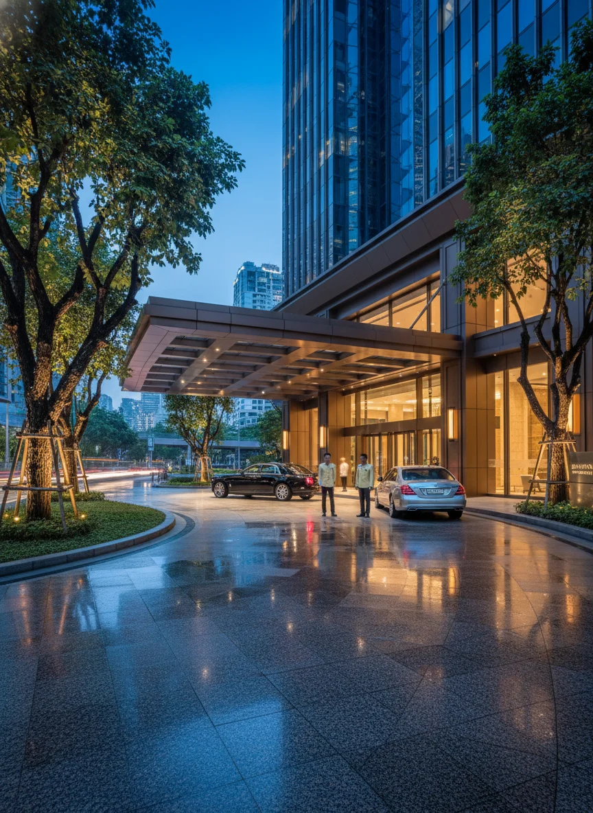 the approach, entrance, or surrounding area of Vertigo Moon Bar Bangkok — showing the elegant tree-lined entrance driveway of the Banyan Tree Bangkok on Sathon Road with luxury cars parked outside