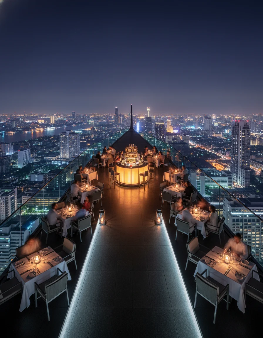 atmospheric shot showing the best feature or experience at Vertigo Moon Bar Bangkok — a wide angle view of the glowing open-air deck at night, showing the illuminated dining tables and the dramatic feeling of floating high above the city skyline