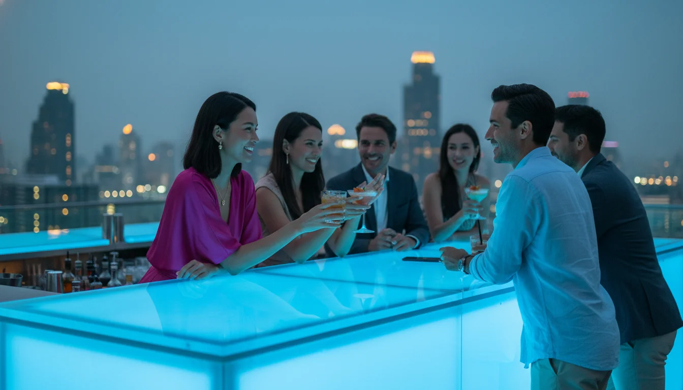 an interior or experiential shot showing the reality of this section's subject at Vertigo Moon Bar Bangkok — showing guests standing around the glowing rectangular island bar counter at twilight, holding colourful signature cocktails with the illuminated city skyline blurred in the background