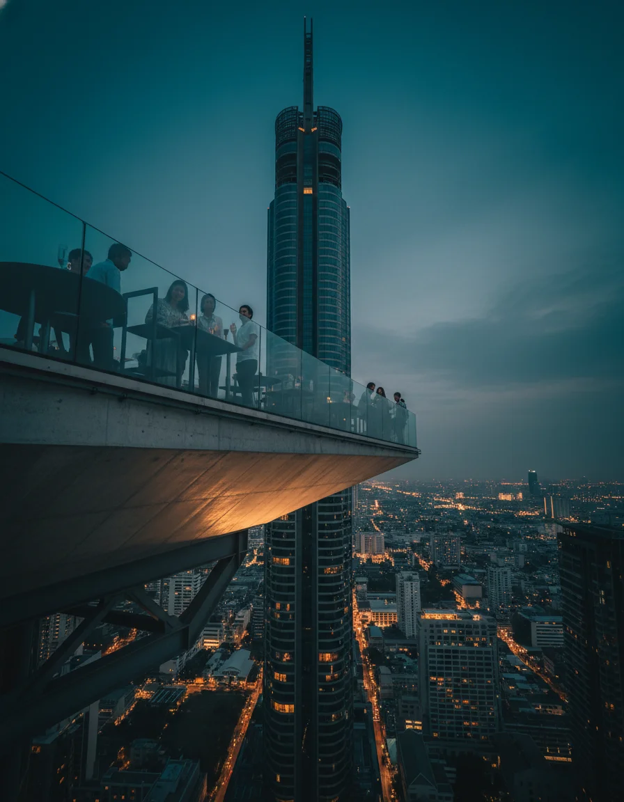 specific exterior or establishing shot of Vertigo Moon Bar Bangkok at Banyan Tree Bangkok — looking up from the street level showing the narrow, ship-like concrete platform extending out from the 61st floor against a dusky blue sky with golden city lights starting to glow below