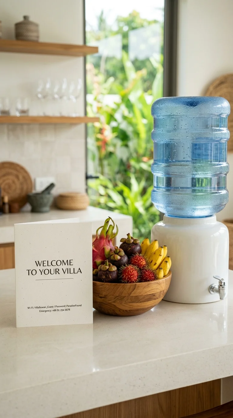 Thai villa welcome amenities on a kitchen counter Thai villa welcome amenities on a kitchen counter