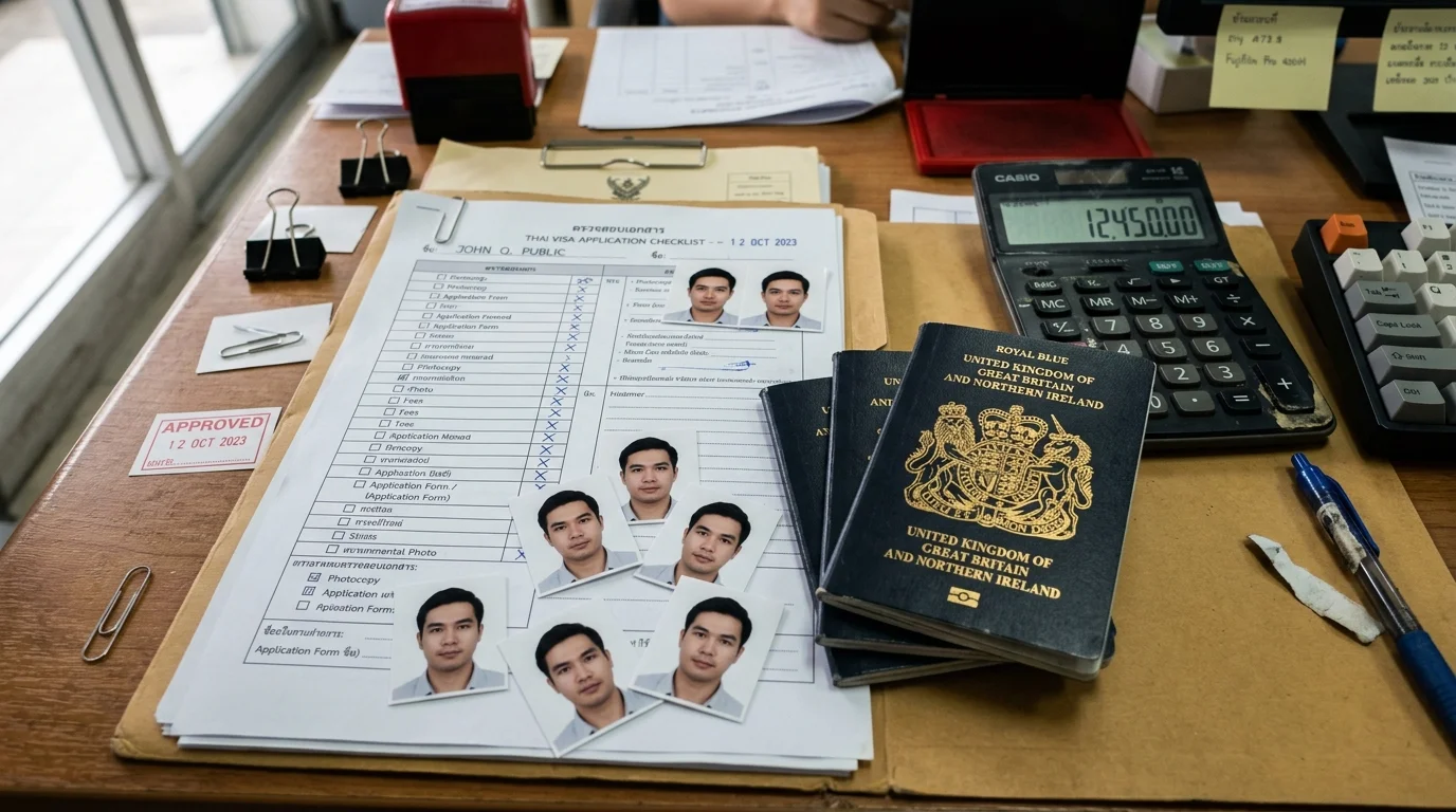 Thai visa agency desk clutter Thai visa agency desk clutter