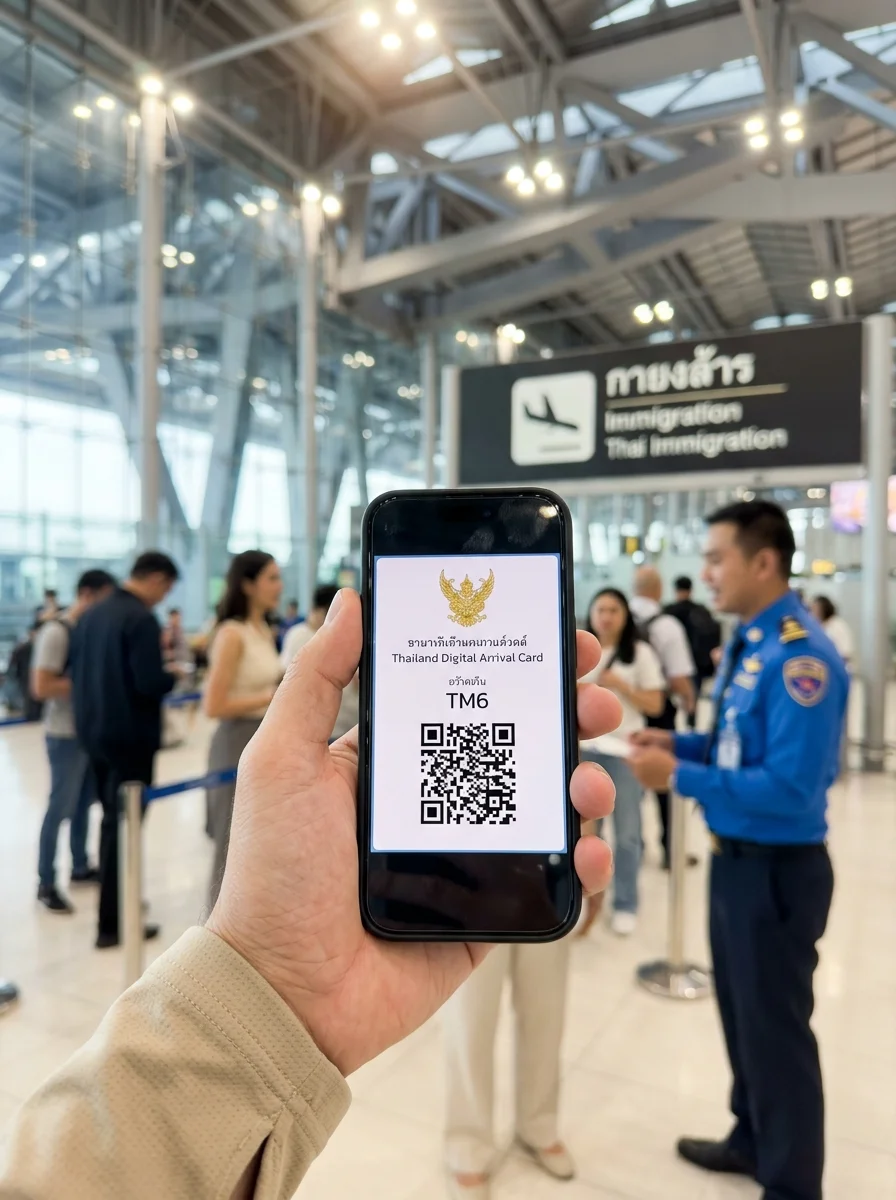 Hand-held smartphone with Thailand Digital Arrival Card Hand-held smartphone with Thailand Digital Arrival Card
