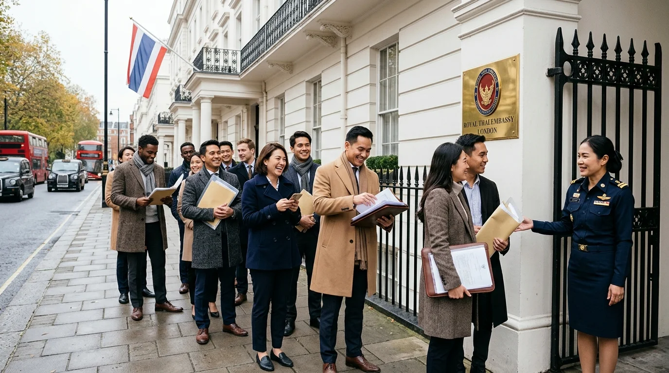 A queue of visa and document applicants A queue of visa and document applicants