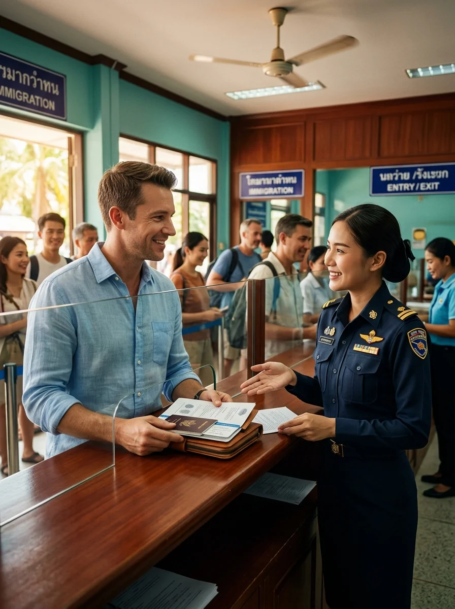 A frustrated traveller and a stern immigration officer A frustrated traveller and a stern immigration officer