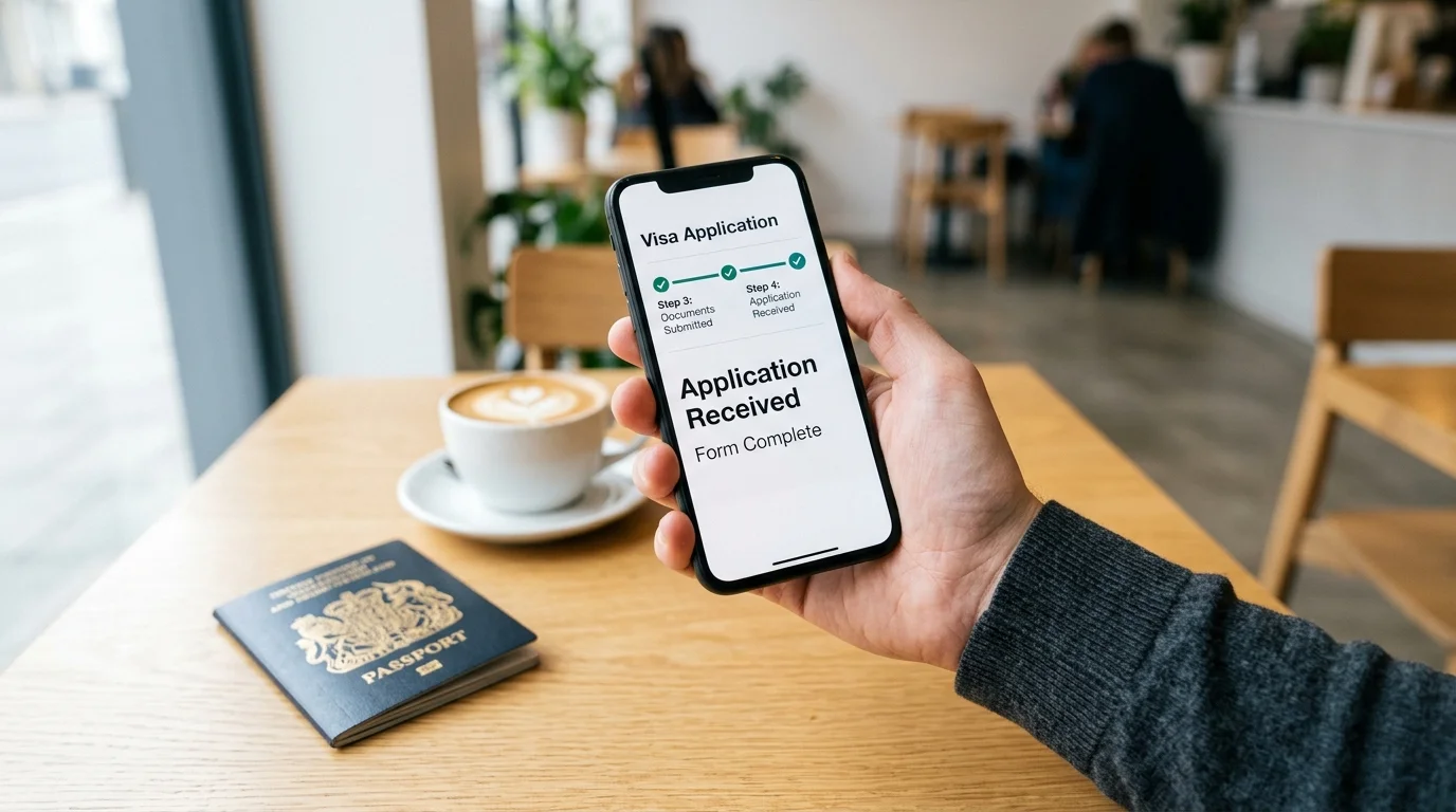 hand holding a smartphone with visa application