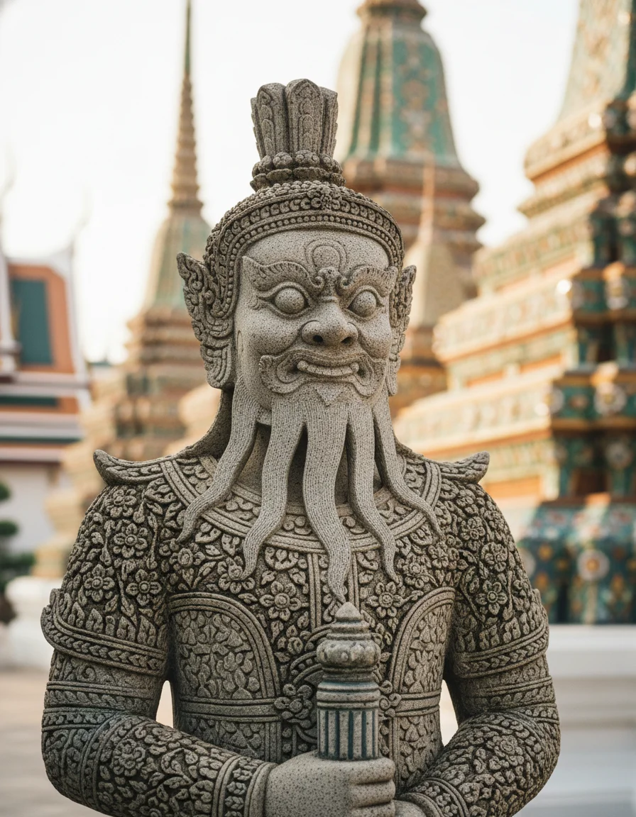 A close-up of a decorative stone guardian statue at Wat Pho Temple Bangkok with the colourful chedis blurred in the background