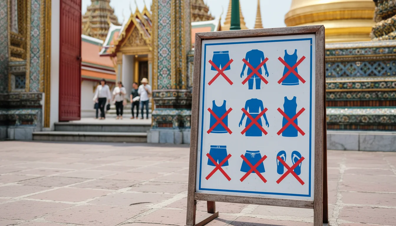 A sign at the entrance of Wat Pho Temple Bangkok detailing the dress code with illustrations of prohibited clothing such as shorts and sleeveless tops