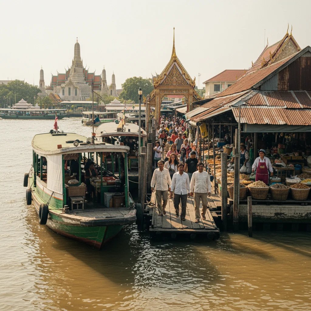 The Thai Tien Pier on the Chao Phraya River, showing the green and white river ferries docked and the entrance to the market area leading toward Wat Pho Temple Bangkok