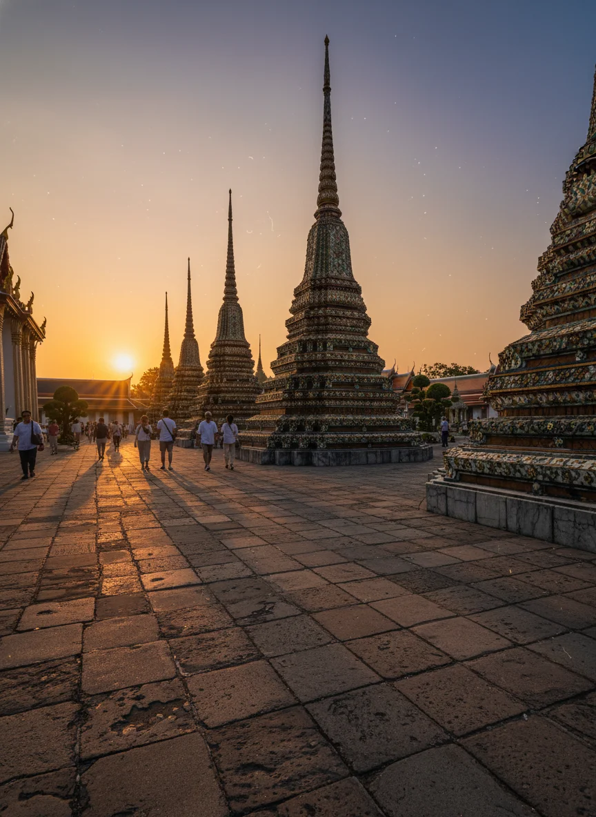 An atmospheric shot of the temple grounds at sunset, showing the long shadows of the chedis falling across the stone courtyard with fewer visitors visible