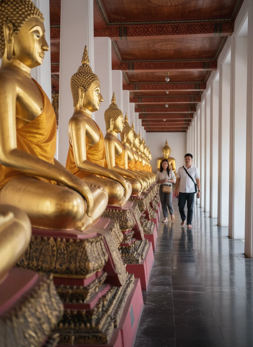 A perspective shot looking down the long Phra Rabiang gallery at Wat Pho Temple Bangkok, showing a seemingly endless row of identical gilded seated Buddha statues on red pedestals