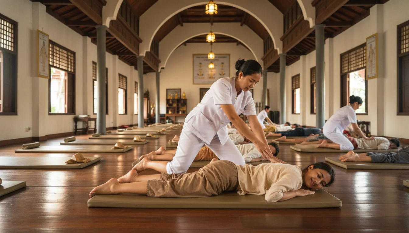 An interior shot of the Wat Pho Thai Traditional Massage School showing practitioners in white uniforms performing stretches and pressure point therapy on visitors atop raised wooden platforms covered in firm mats