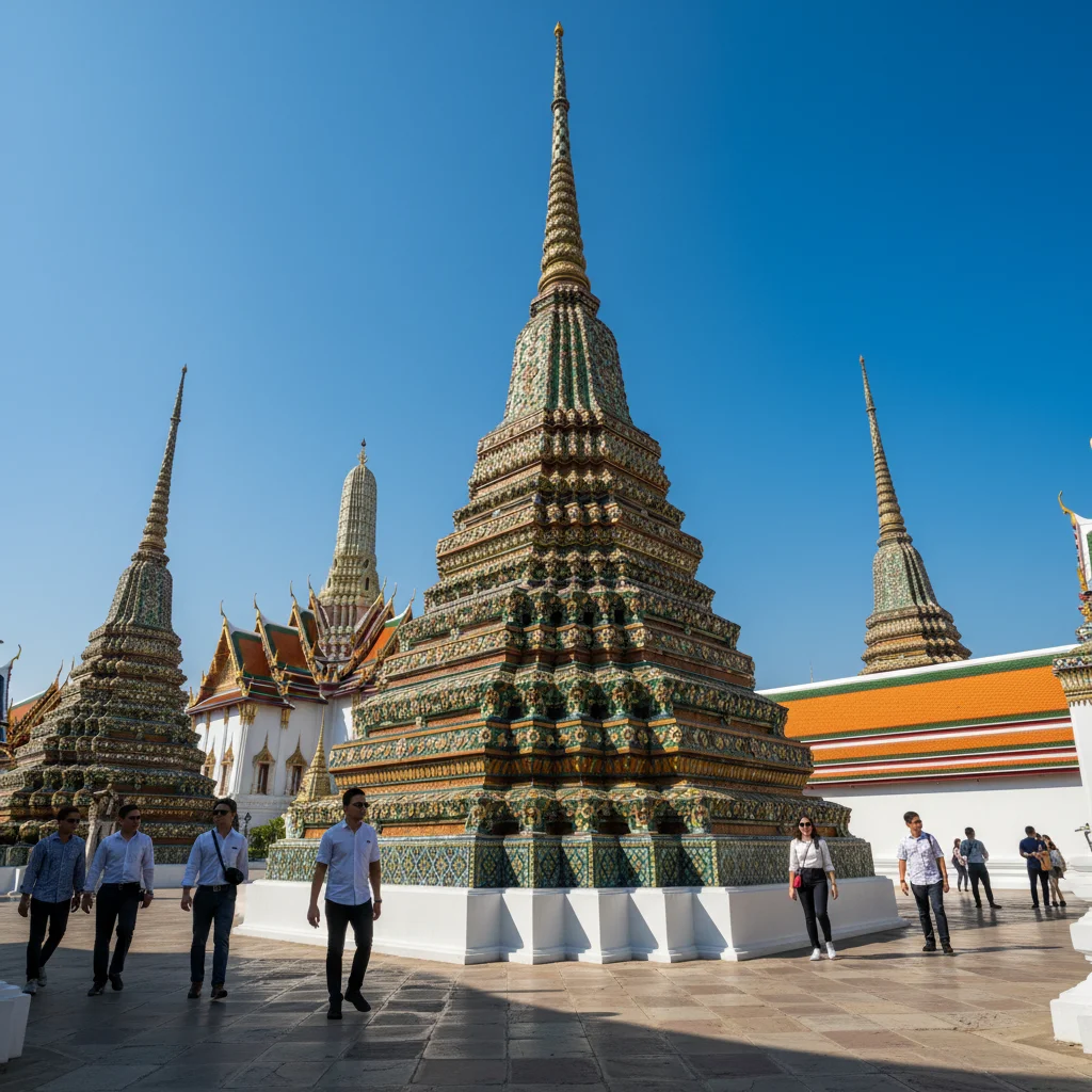 A cluster of four towering chedis at Wat Pho Temple Bangkok, each covered in intricate ceramic floral mosaics in green, blue, and yellow, standing against the backdrop of the white Phra Ubosot ordination hall