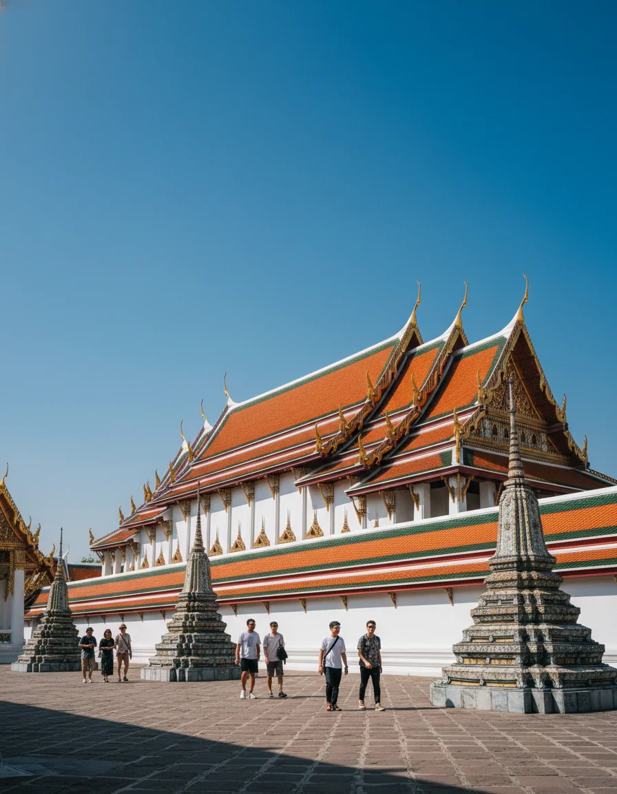 A wide exterior shot of the Vihara of the Reclining Buddha at Wat Pho Temple Bangkok, showing the elongated white building with its multi-tiered orange and green tiled roof, surrounded by manicured courtyard and smaller stone stupas under a clear blue sky