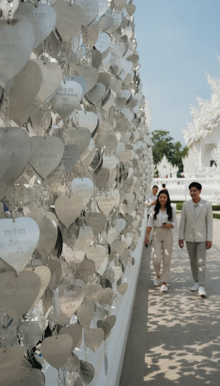 a practical or atmospheric scene at or near Wat Rong Khun - Chiang Rai — showing the shaded walkway lined with silver metal wishing leaves hanging from the ceiling