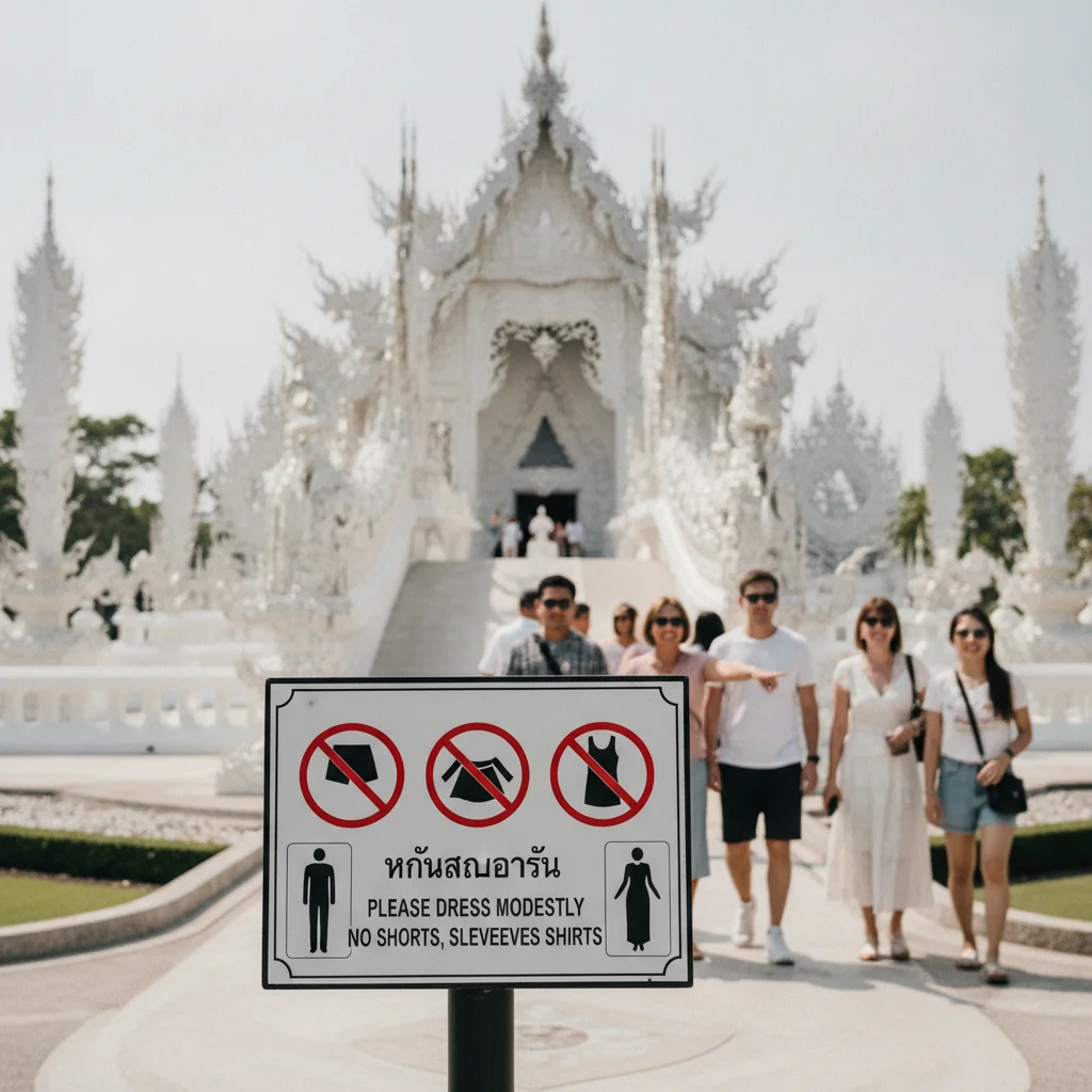 a detail shot of a standout feature, room, facility, or experience at Wat Rong Khun - Chiang Rai — highlighting the warning signs at the entrance showing the strict dress code requirements