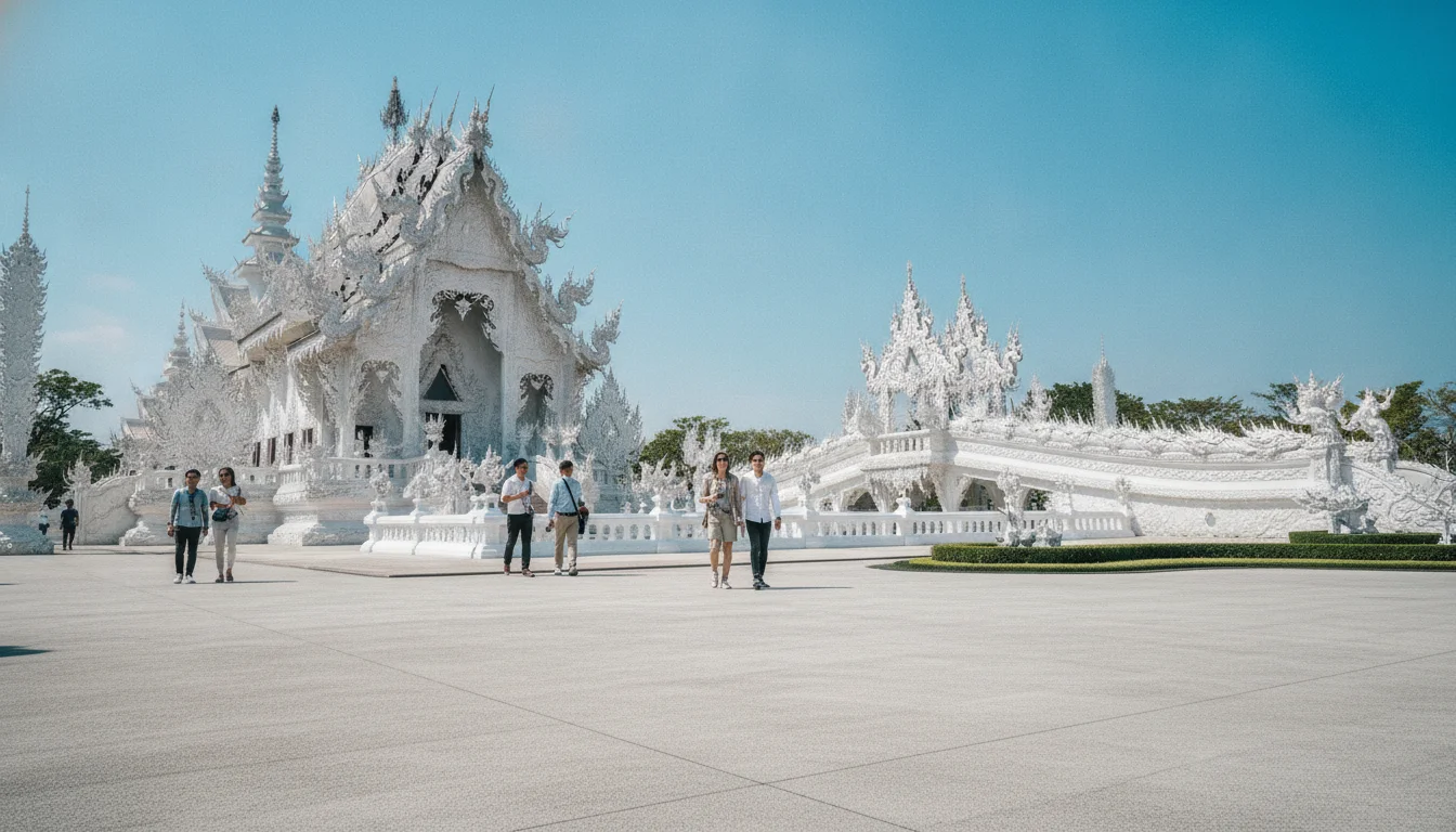 the approach, entrance, or surrounding area of Wat Rong Khun - Chiang Rai — showing the wide concrete plaza approach and the outer gates where visitors gather before entering