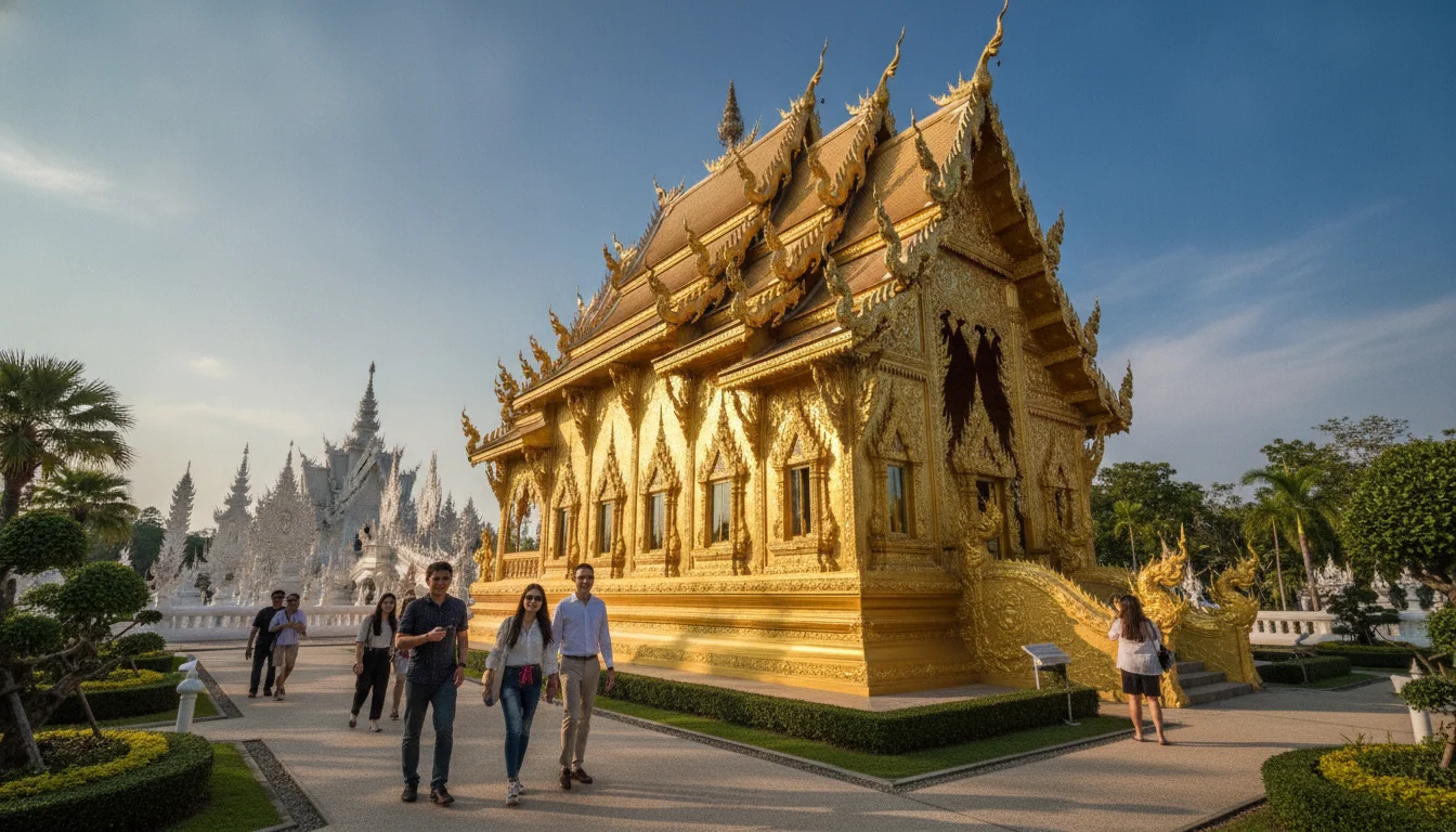 atmospheric shot showing the best feature or experience at Wat Rong Khun - Chiang Rai — showcasing the opulent golden exterior of the public restroom building which stands in stark contrast to the white temple