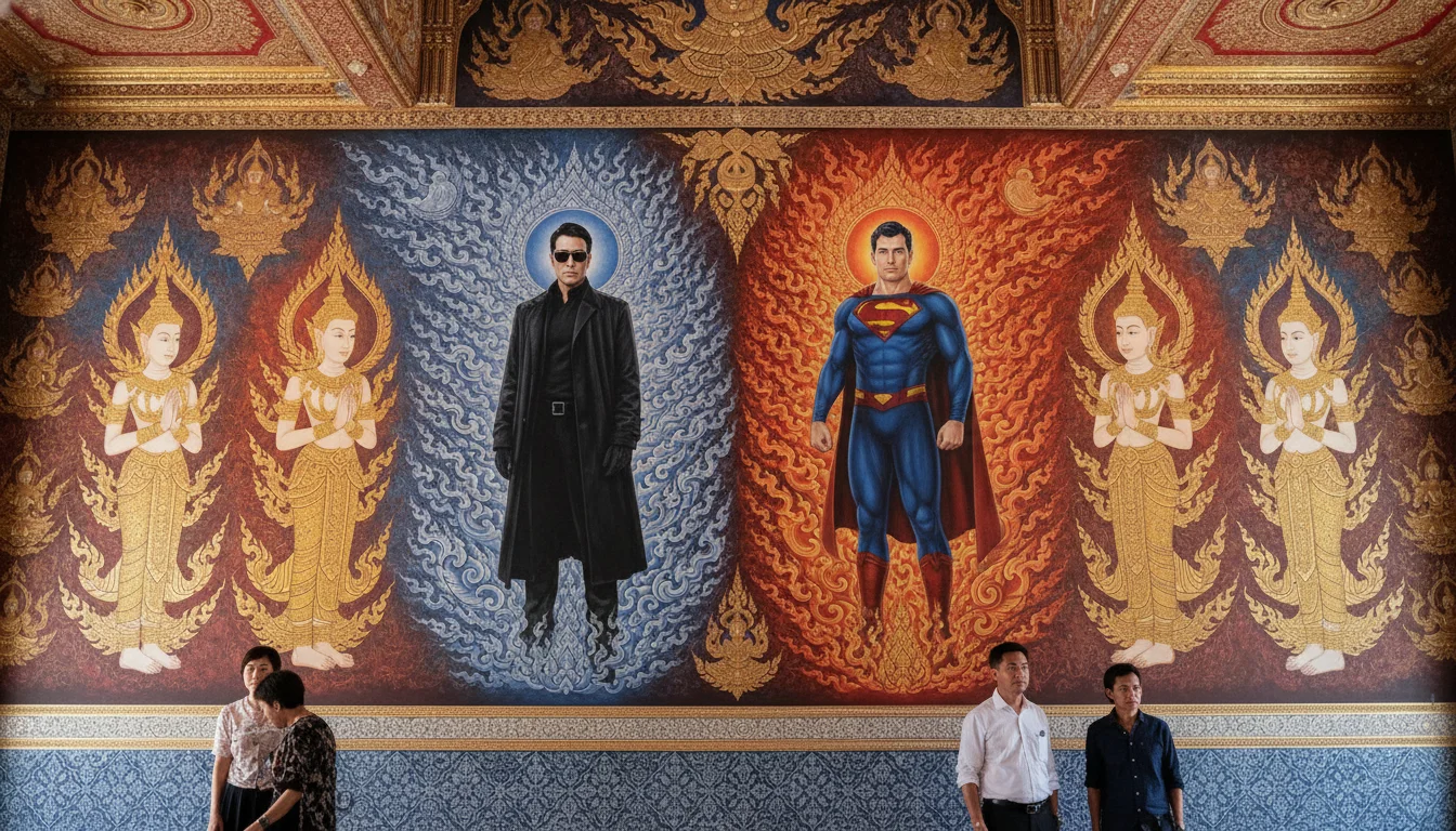 an interior or experiential shot showing the reality of this section's subject at Wat Rong Khun - Chiang Rai — showing the contrasting interior wall murals depicting modern pop-culture characters like Neo from The Matrix and Superman alongside traditional Buddhist deities and fire motifs