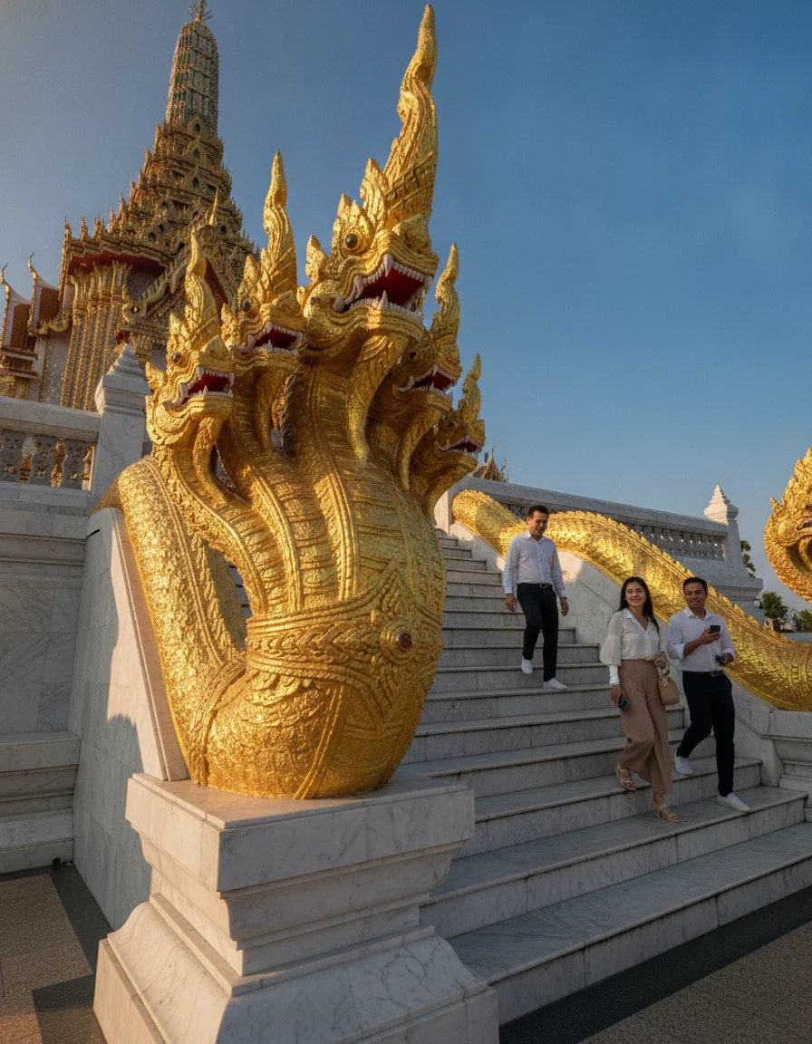 Golden Naga statues and marble staircase of Phra Mahathat Chedi
