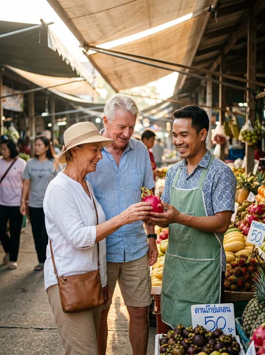 an older British couple and a local Thai vendor an older British couple and a local Thai vendor