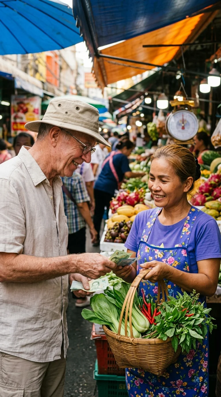 Older expat purchasing vegetables from a local Thai vendor Older expat purchasing vegetables from a local Thai vendor