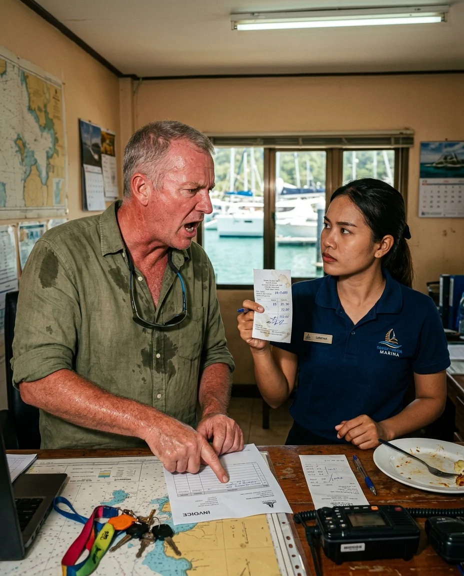 A heated dispute between a tourist and a marina clerk A heated dispute between a tourist and a marina clerk