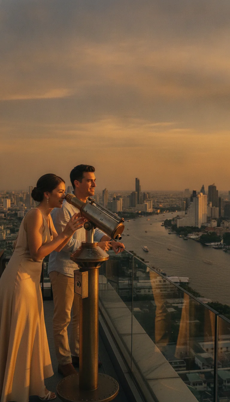 A sophisticated couple on a rooftop terrace A sophisticated couple on a rooftop terrace
