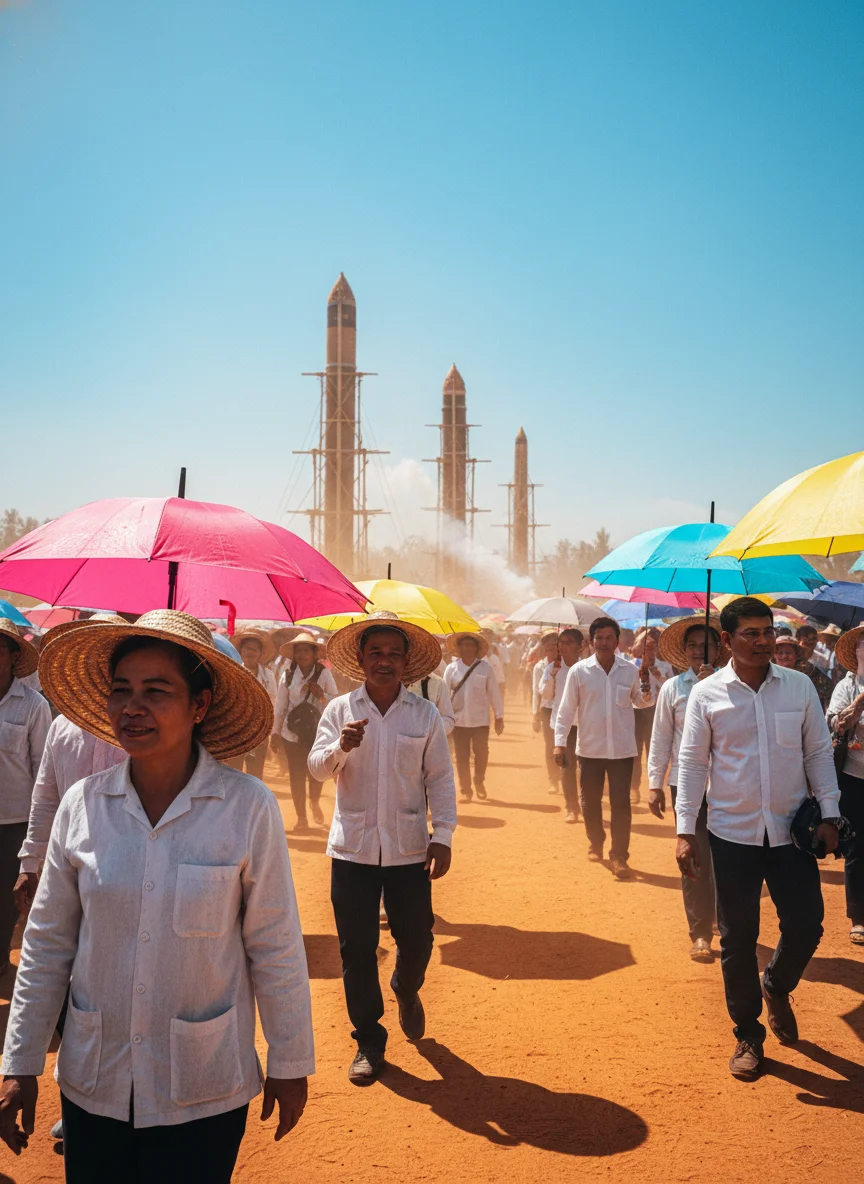 a practical or atmospheric scene at or near Yasothon Rocket Festival — describe what is visible including festival-goers wearing wide-brimmed hats and carrying umbrellas to shield themselves from the intense sun near the launching park