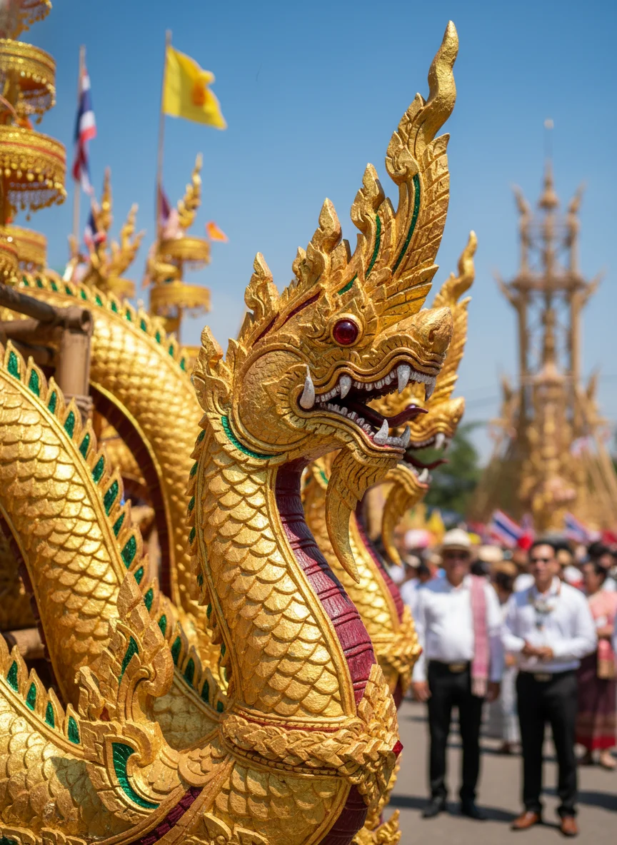 a detail shot of a standout feature, room, facility, or experience at Yasothon Rocket Festival — describe what is visible including the intricate carvings on a competitive rocket float, highlighting the gold paint and mythological serpent designs