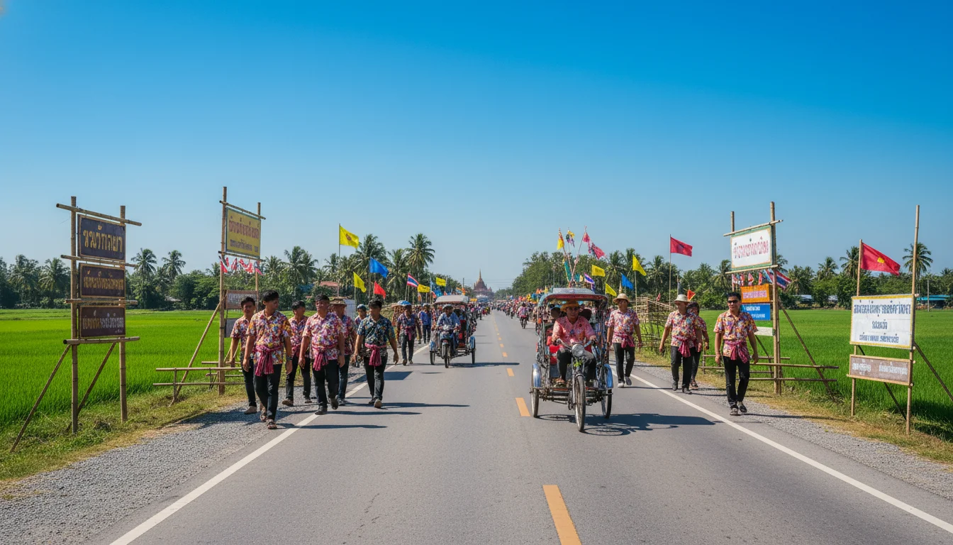 the approach, entrance, or surrounding area of Yasothon Rocket Festival — describe what is visible including a rural two-lane highway leading into Yasothon town, lined with temporary festival signs, flags, and local transport options like samlors
