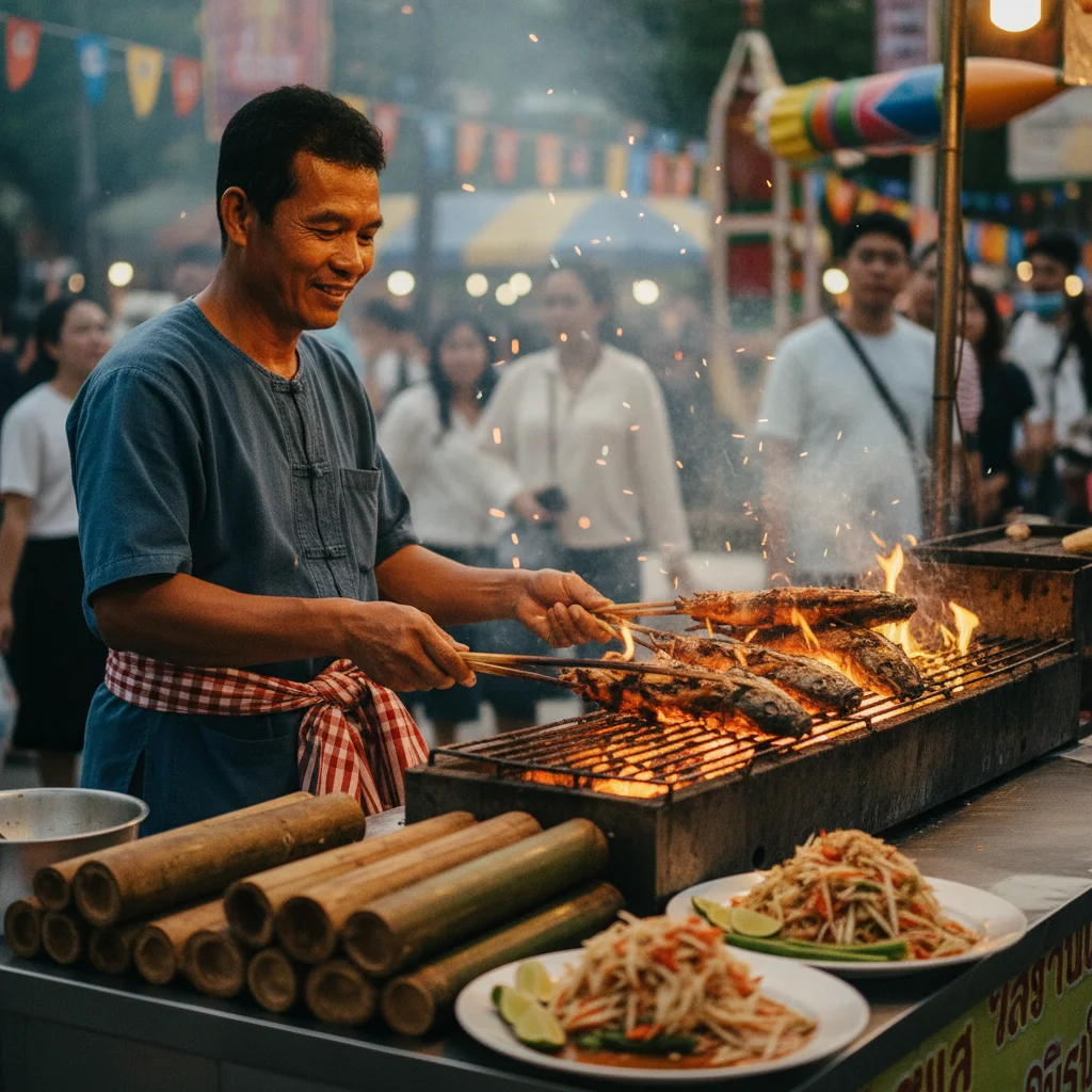 atmospheric shot showing the best feature or experience at Yasothon Rocket Festival — describe exactly what is visible including a local food vendor turning sticks of grilled catfish over hot coals, with plates of spicy papaya salad and bamboo tubes of sticky rice stacked on a metal counter