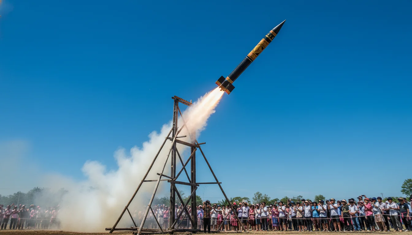 an interior or experiential shot showing the reality of this section's subject at Yasothon Rocket Festival — describe exactly what is visible including a towering wooden launch gantry with a massive PVC and bamboo rocket screaming upwards, leaving a thick trail of white smoke against a clear blue sky, with spectators watching from a safe distance in the park