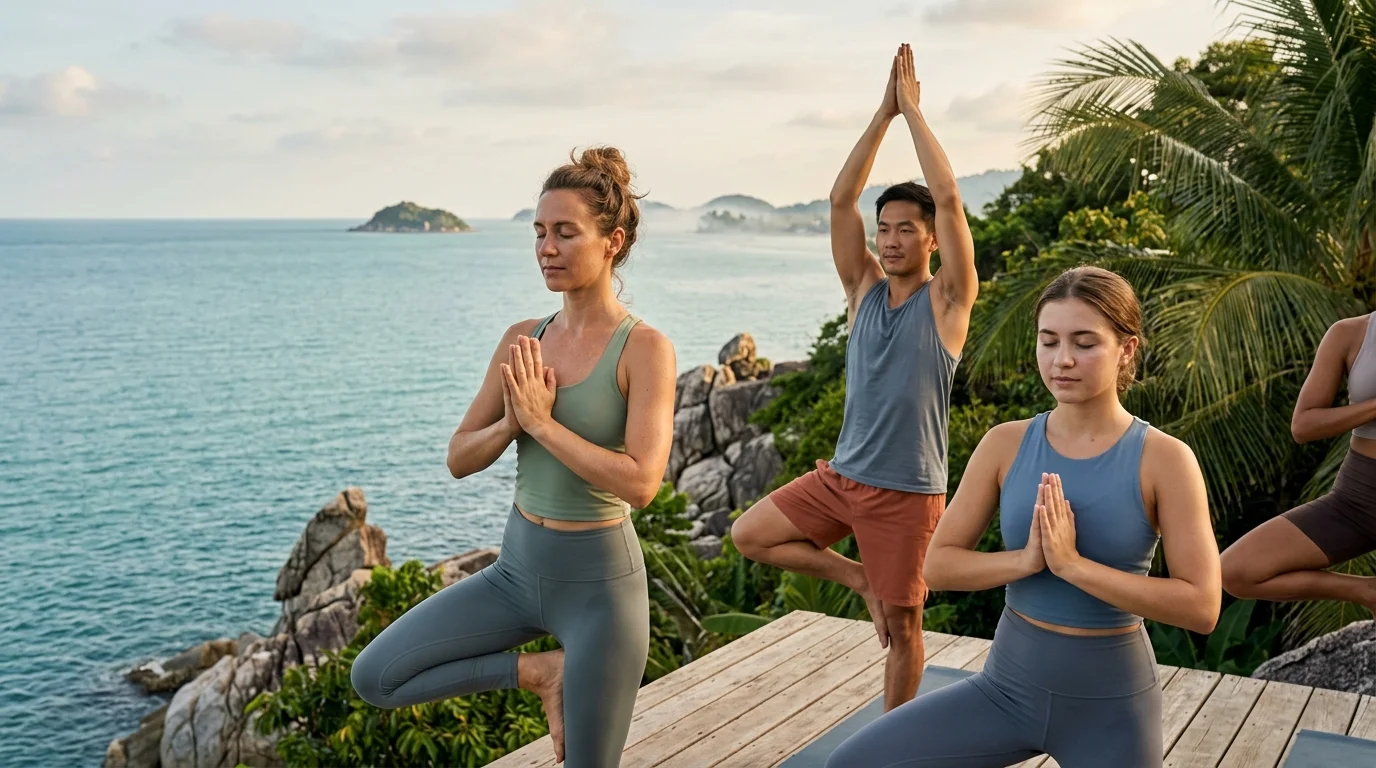 Yoga practitioners on a cliffside platform Yoga practitioners on a cliffside platform