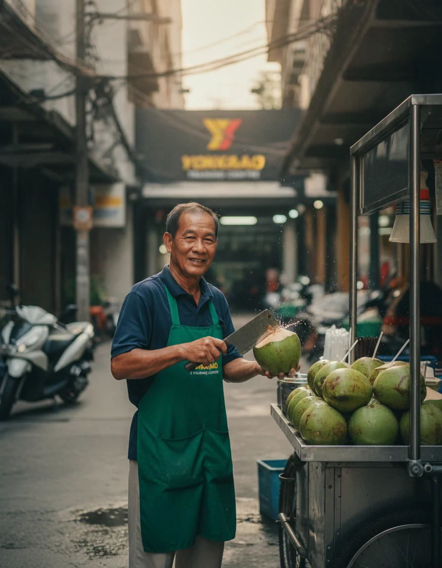 Thai street vendor at a coconut stall Thai street vendor at a coconut stall